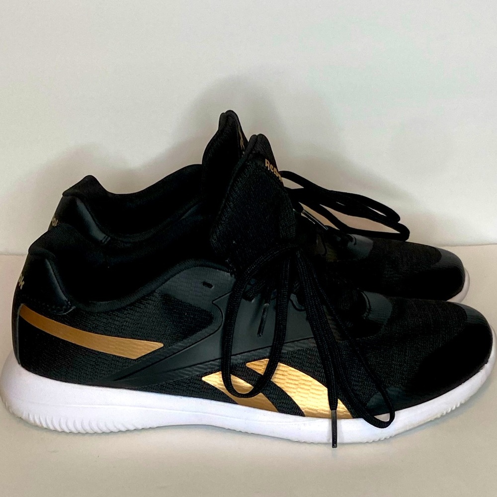 Black White and Bronze Reebok Stridium Womens Walking Shoes